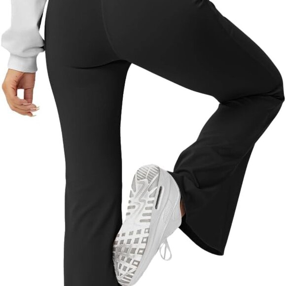 Women's Black High-Waisted Flare Yoga Pants with Pockets, 28-inch Inseam, Tummy - Picture 5 of 6
